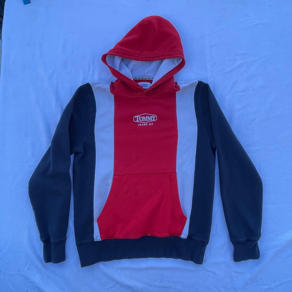 Tommy Jeans Mens Colorblock Hoodie Red White Navy Blue Logo Sweatshirt M‎